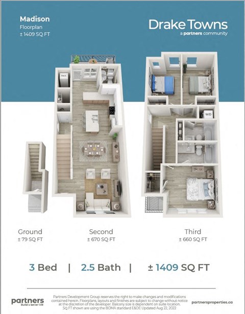 Floor plan for 3 beds, 2.5 baths, 1409 sqft